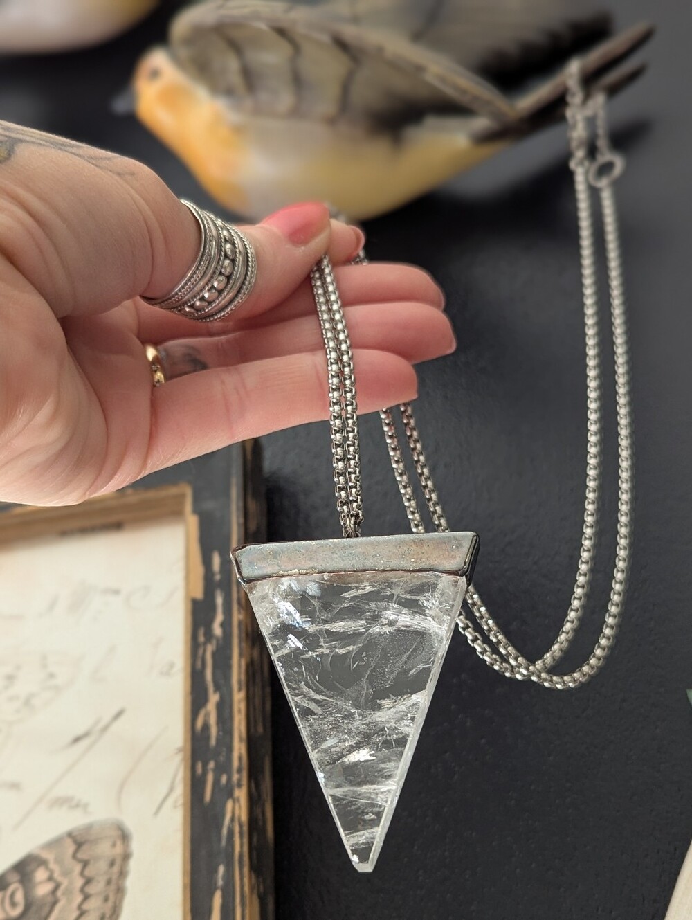 💎Large Clear Quartz Triangular Crystal Statement Pendant Necklace Witchy Sliver